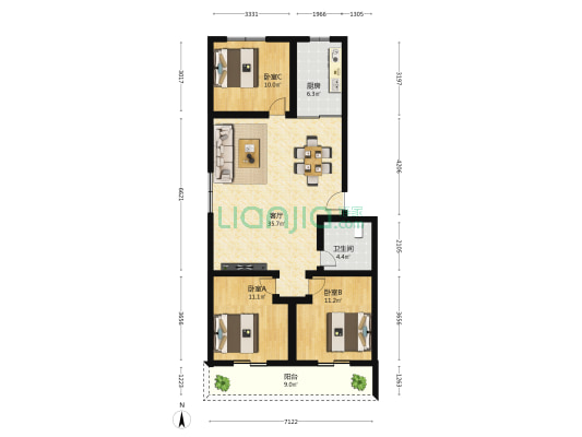 杏林医院宿舍楼 3室1厅1卫 109平方