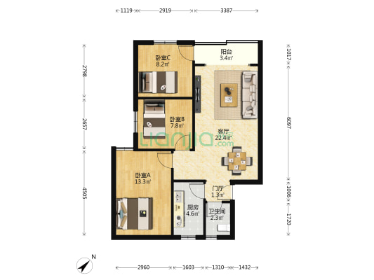 银河世纪康城 3室1厅1卫 80平方