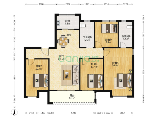 翡翠苑 4室1厅2卫 143平方