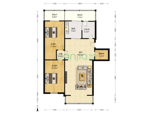湖畔社区 2室1厅1卫 128平方