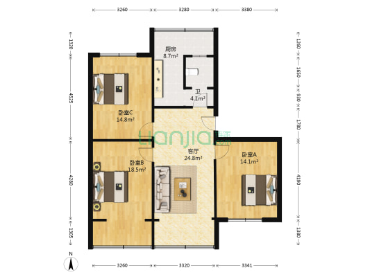 五交化文明院落 3室1厅1卫 96平方