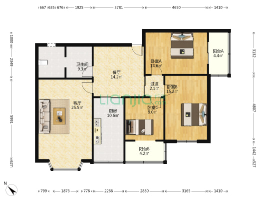 金牛机关宿舍 3室2厅1卫 117平方
