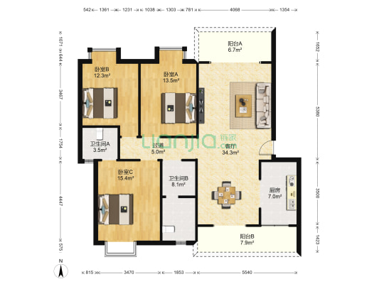 怡家花园 3室1厅2卫 122平方