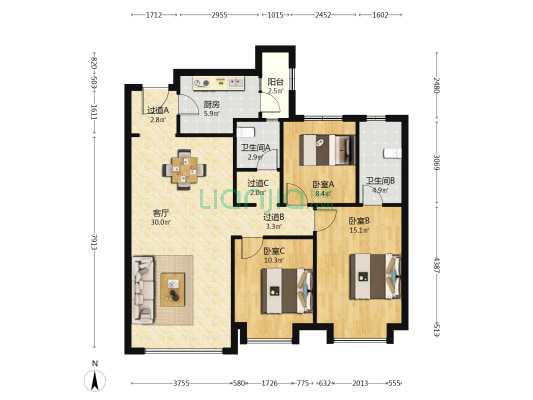 老城根·蓝光雍锦世家 3室1厅2卫 119平方