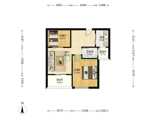 华乐红 2室1厅1卫 55平方
