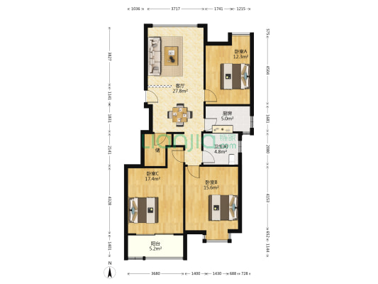 金色江南秀景花园 3室1厅1卫 117平方