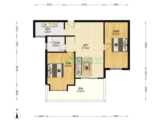 时代豪庭 2室1厅1卫 95平方