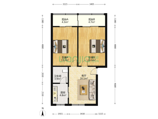 中华北路111号 2室1厅1卫 77平方