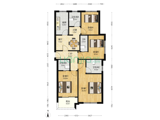 滨江紫园 4室1厅4卫 121平方