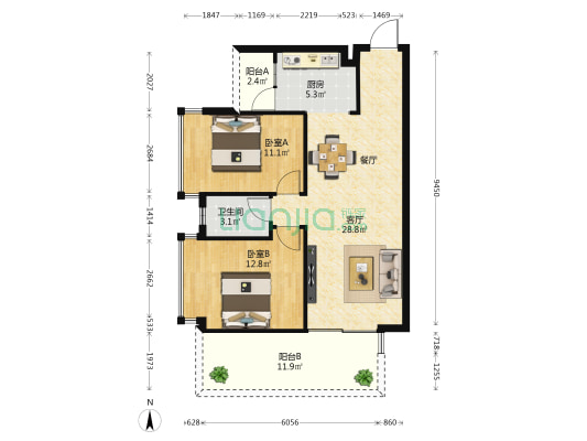 冠利幸福苑 2室1厅1卫 82平方