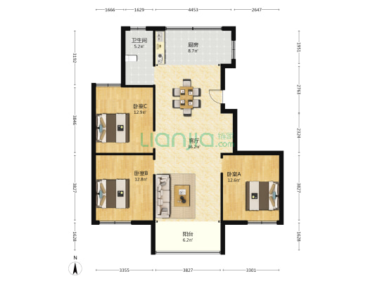 阳光一号 3室1厅1卫 118平方