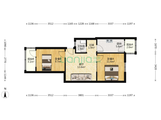 康复前街2号院 2室1厅1卫 61平方