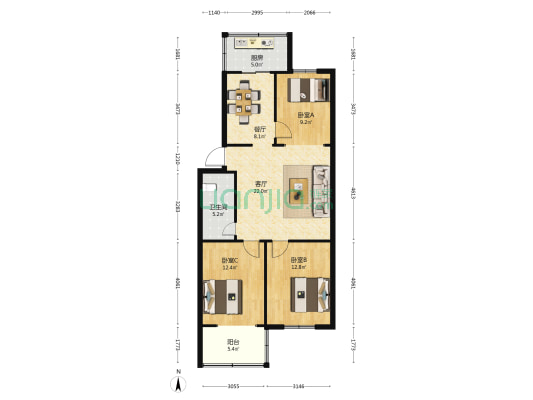 三丰园社区双丰小区 3室2厅1卫 96平方