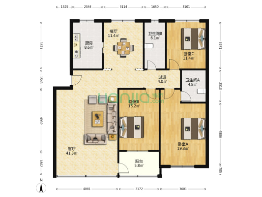金凤小区 3室2厅2卫 143平方