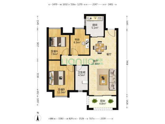 武汉雅居乐花园2期 3室1厅1卫 90平方