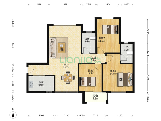 红星国际公馆 3室1厅2卫 116平方