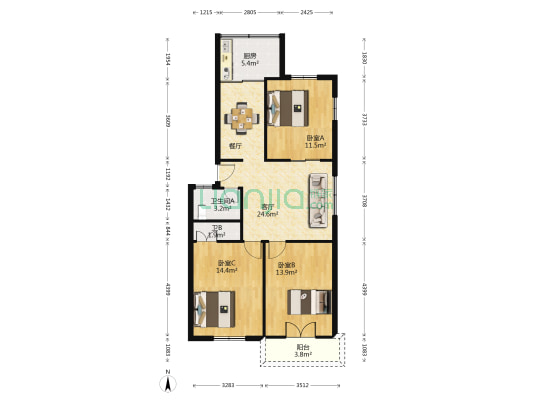 秀冶里河墘巷2号 3室1厅2卫 86平方