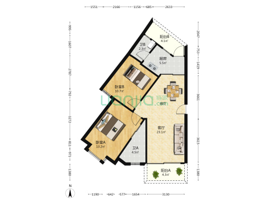 迎阳居 2室1厅2卫 89平方