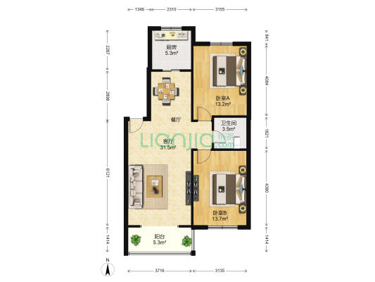 兰亭雅苑 2室1厅1卫 89平方