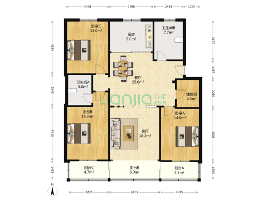 红枫小区 3室2厅2卫 144平方