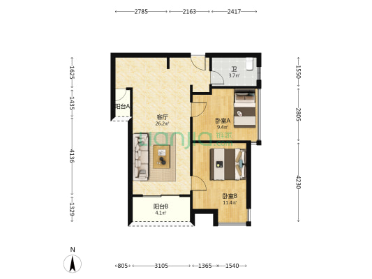 罗浮上善公馆 2室1厅1卫 73平方