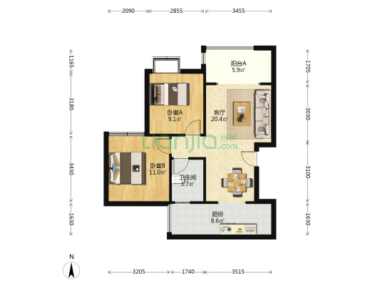 银泰城精装两室  房子保持九成新，户型方正-户型图