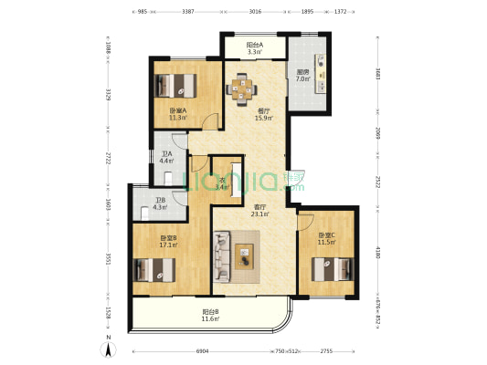 建业君邻大院竹苑 3室2厅2卫 143平方