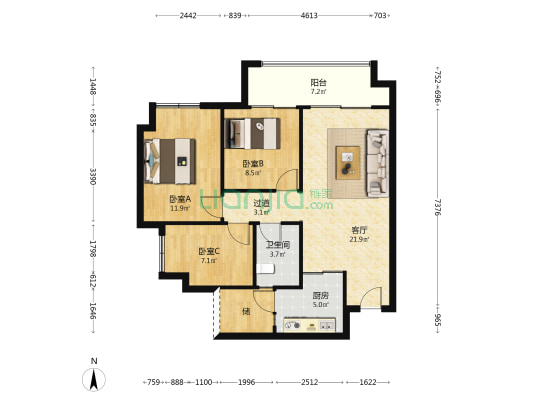 寻光沙磁 3室1厅1卫 86平方