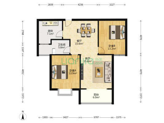 泉上花间 2室2厅1卫 104平方