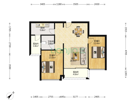 保利香槟国际花园 2室1厅1卫 83平方