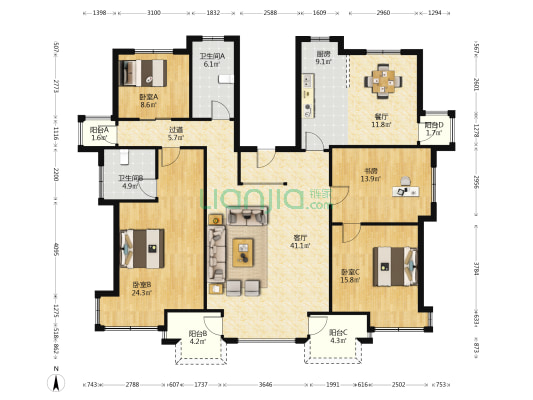 众安山水苑一期 4室2厅2卫 178平方
