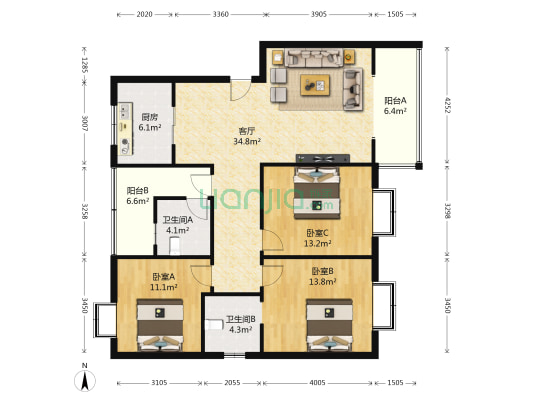 青园小区 3室1厅2卫 118平方