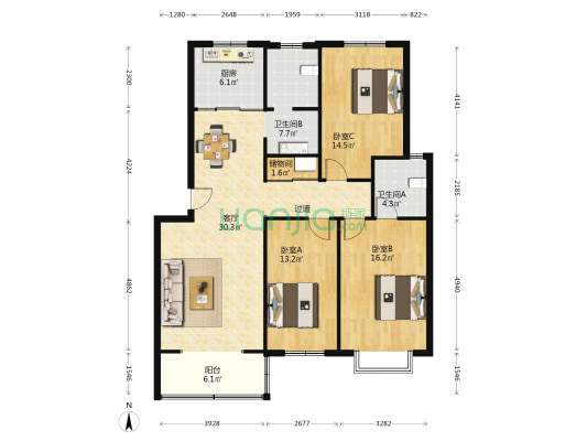 远征都市花园 3室1厅2卫 127平方
