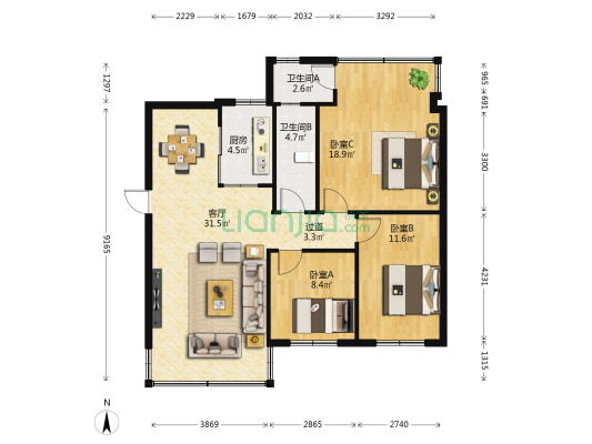 海峡办宿舍 3室1厅2卫 91平方