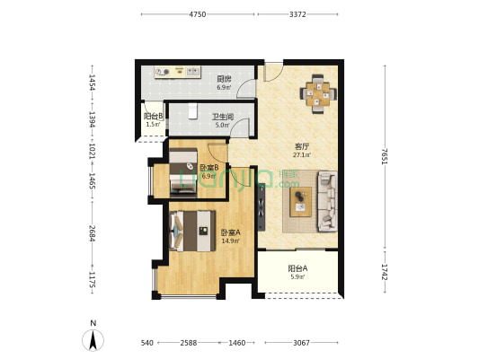 优山悦海 2室1厅1卫 80平方