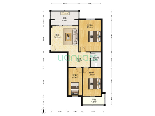 市级机关八家巷住宅小区47号院 3室1厅1卫 92平方