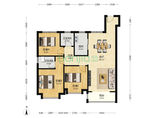 东望隽园 3室1厅2卫 108平方