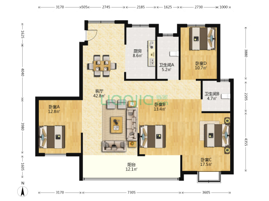 西湖一品B区 4室1厅2卫 152平方