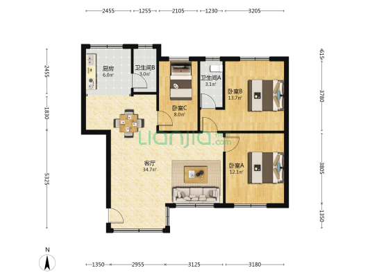 鸿雅轩 3室1厅2卫 92平方
