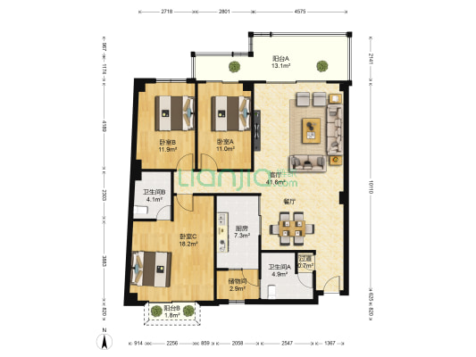 东方巴黎广场 3室1厅2卫 140平方