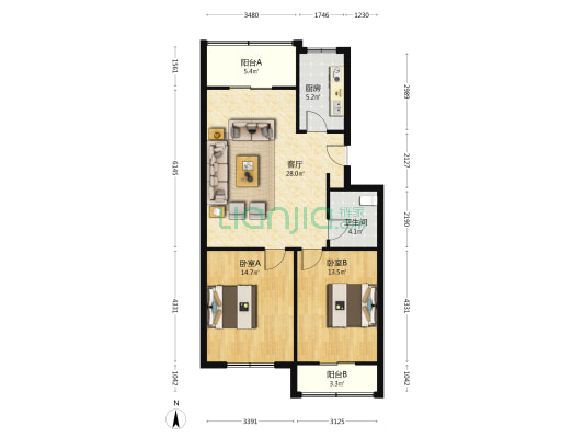 宝鑫景苑百草园 2室1厅1卫 97平方