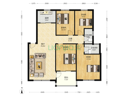 中奇银莲花园 4室1厅2卫 134平方