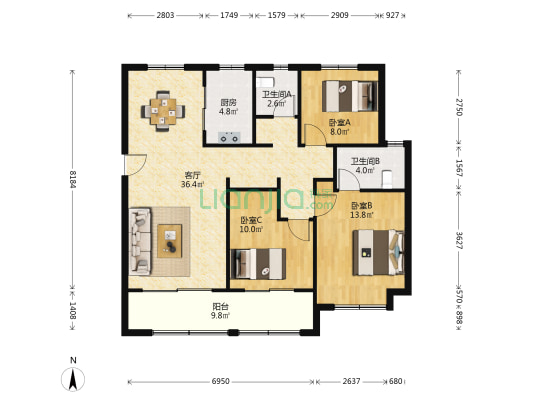 悦峰雅苑A区 3室1厅2卫 118平方