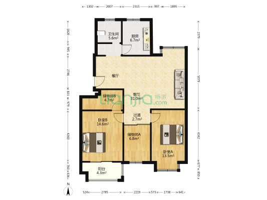中央府邸 2室1厅1卫 108平方