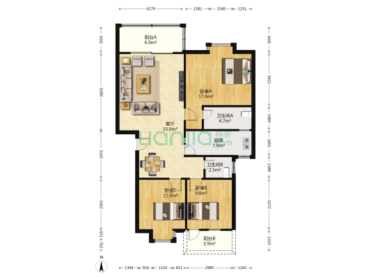 恒欣豪苑 3室1厅2卫 107平方
