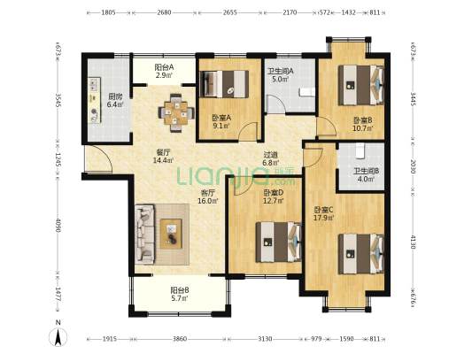 东江嘉园 4室2厅2卫 140平方