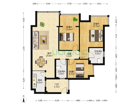 北欧知识城二期 3室1厅2卫 102平方