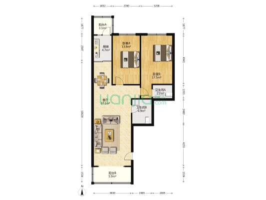 松柏街 2室1厅2卫 118平方