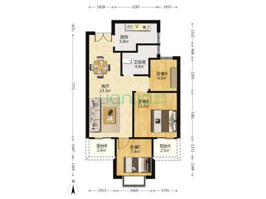 清韵颐景苑 3室1厅1卫 86平方