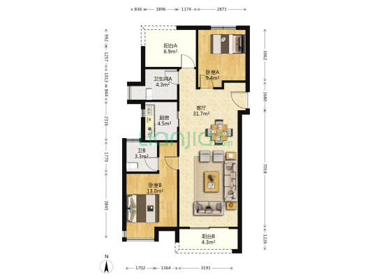 阳光城愉景公馆 2室1厅2卫 94平方